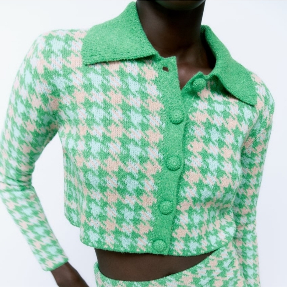 Zara Green‎ Pink Houndstooth Cropped Knit Cardigan Polo Collar Button Front M